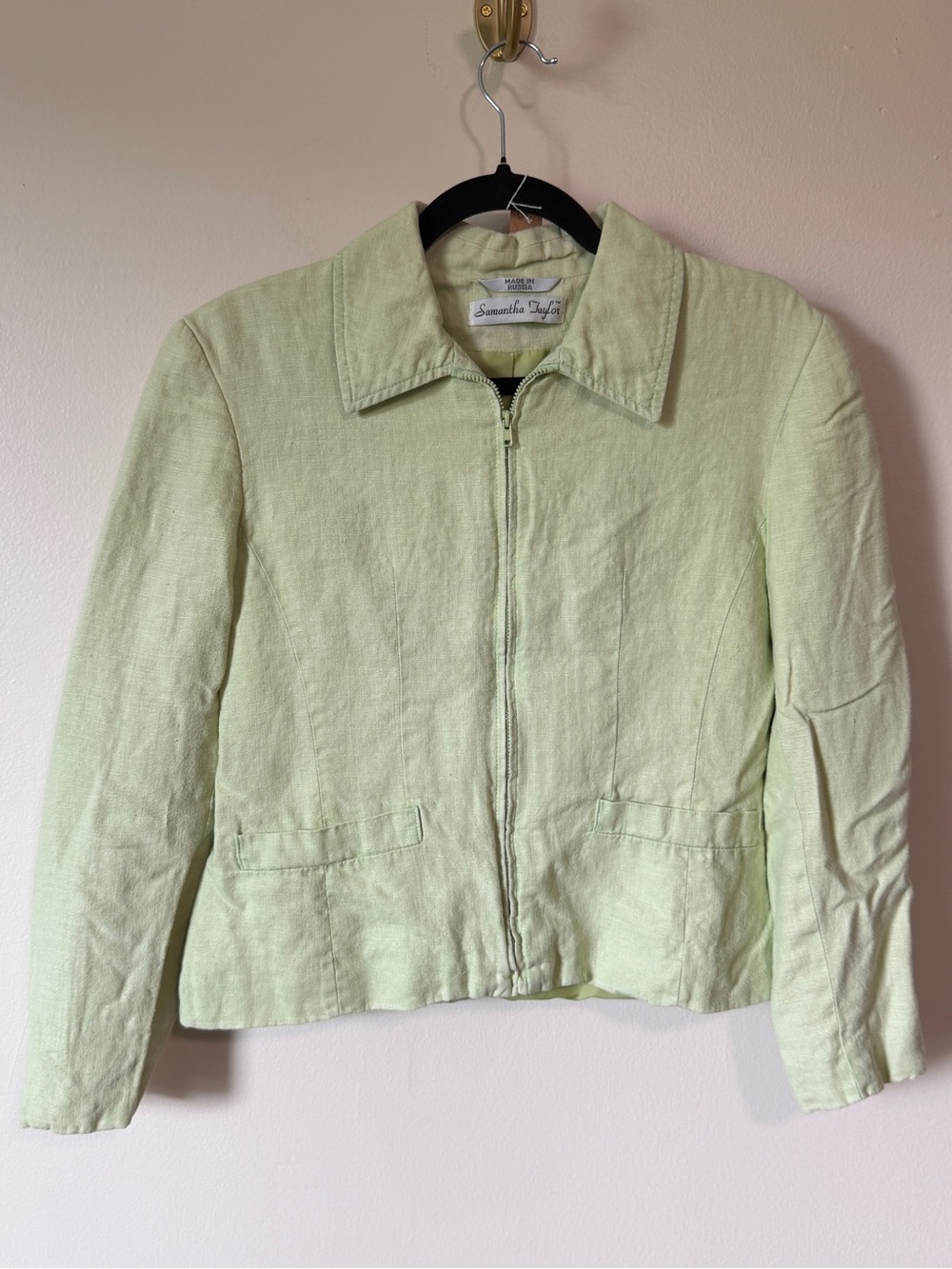 100% linen light pastel green zip up 80/90s jacket size XS-Small made in russia - Picture 2 of 5